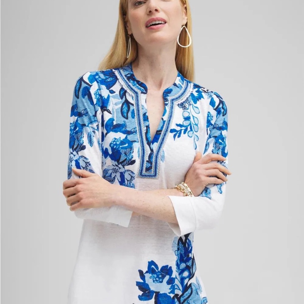 Chico's XXL 100% linen beaded embellished Blue and White Floral Tunic